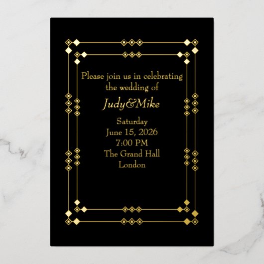 Elegant Black & Gold Art Deco Foil Invitation Folie Uitnodiging (Voorkant)