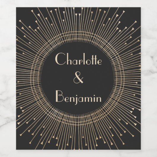 Elegant Black Gold Art Deco Weddenschap Aangepast Wijn Etiket (Enkel label)