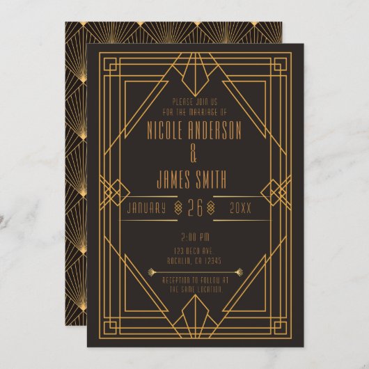 Elegant Black Gold Art Deco Weddenschap Kaart (Voorkant / Achterkant)