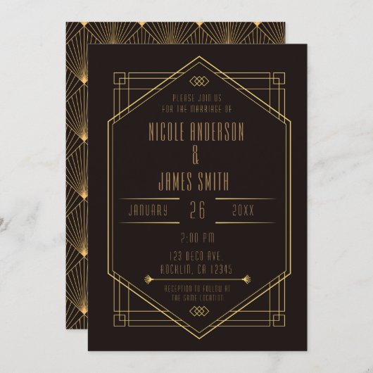 Elegant Black Gold Art Deco Weddenschap Kaart (Voorkant / Achterkant)