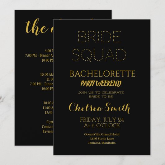 Elegant Black & Gold Bachelorette Itinerary Detail Kaart (Voorkant / Achterkant)
