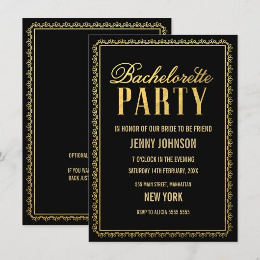 Elegant Black Gold Bachelorette Party Invite Kaart (Voorkant / Achterkant)