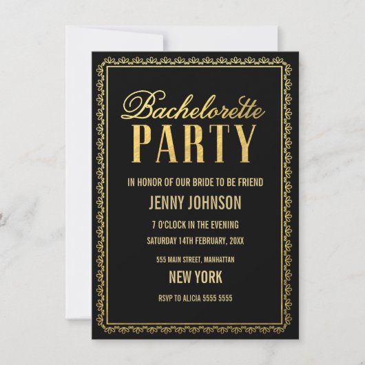 Elegant Black Gold Bachelorette Party Invite Kaart (Voorkant)
