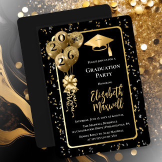 Elegant Black Gold Balloons Graduation Party Kaart