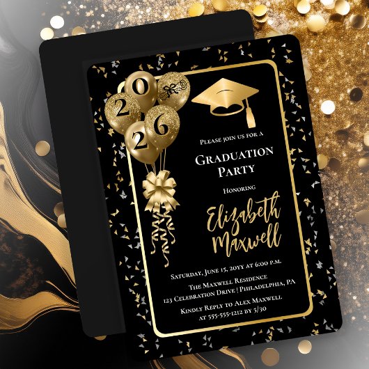 Elegant Black Gold Balloons Graduation Party Kaart