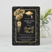 Elegant Black Gold Balloons Graduation Party Kaart (Staand voorkant)