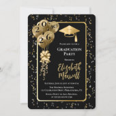 Elegant Black Gold Balloons Graduation Party Kaart (Voorkant)
