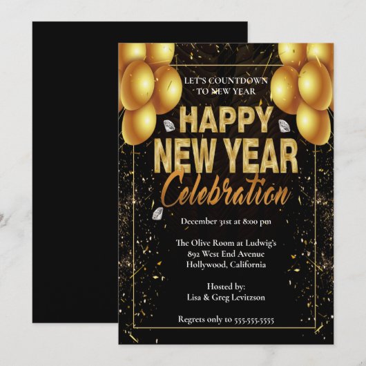 Elegant Black & Gold Balloons Nieuwe jaren Eve Par Kaart (Voorkant / Achterkant)