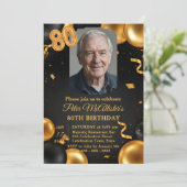 Elegant Black & Gold Balloons Photo 80th Birthday Kaart (Staand voorkant)