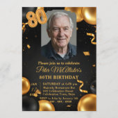 Elegant Black & Gold Balloons Photo 80th Birthday Kaart (Voorkant)