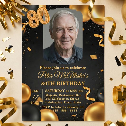 Elegant Black & Gold Balloons Photo 80th Birthday Kaart