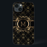 Elegant Black & Gold Baroque Floral Lijst iPhone 13 Hoesje<br><div class="desc">Elegant zwart-goudblauw-lijst barokstijl met aanpasbaar monogram.</div>