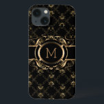 Elegant Black & Gold Baroque Floral Lijst iPhone 13 Hoesje<br><div class="desc">Elegant zwart-goudblauw-lijst barokstijl met aanpasbaar monogram.</div>