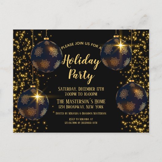 Elegant Black Gold Baubles - kerstuitnodiging Briefkaart (Voorkant)