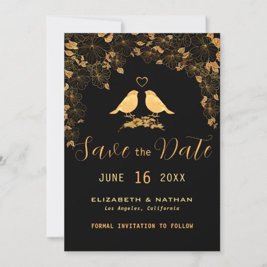 Elegant Black & Gold Birds Floral Pattern Save The Date (Voorkant)