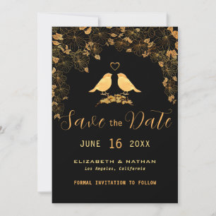 Elegant Black & Gold Birds Floral Pattern Save The Date