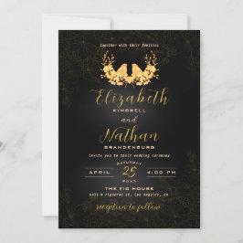 Elegant Black & Gold Birds Floral Wedding Kaart