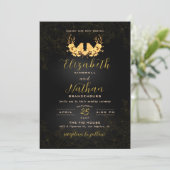 Elegant Black & Gold Birds Floral Wedding Kaart (Staand voorkant)