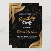 Elegant Black & Gold Birthday Party Invitation Kaart (Voorkant / Achterkant)