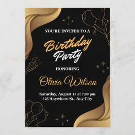 Elegant Black & Gold Birthday Party Invitation Kaart
