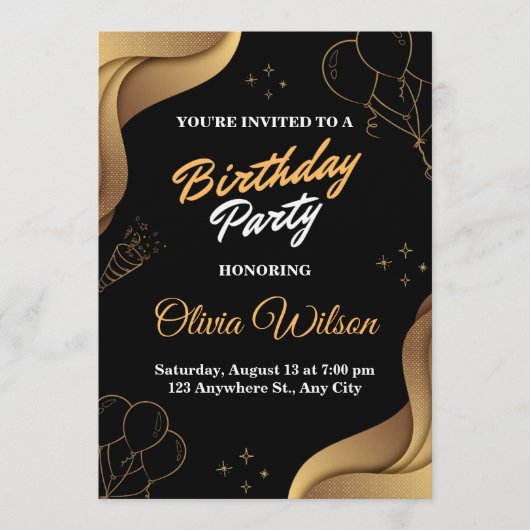 Elegant Black & Gold Birthday Party Invitation Kaart (Voorkant)