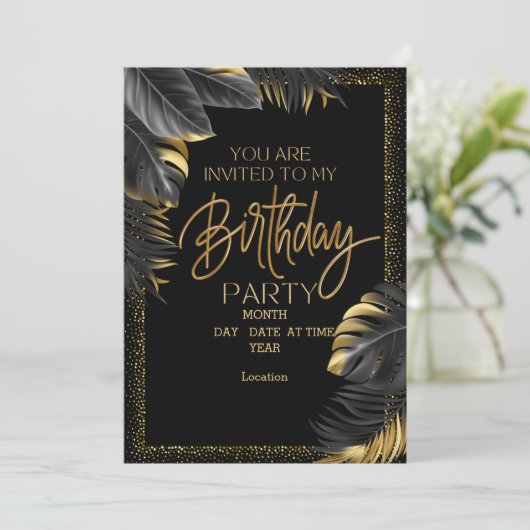 Elegant Black & Gold Birthday Uitnodiging (Staand voorkant)