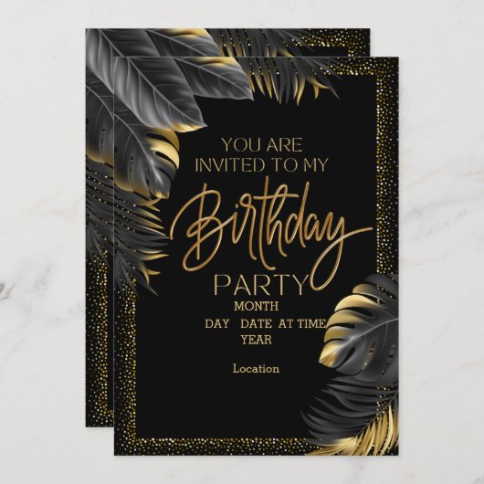 Elegant Black & Gold Birthday Uitnodiging (Voorkant / Achterkant)