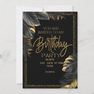 Elegant Black & Gold Birthday Uitnodiging