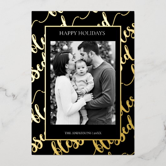 Elegant Black & Gold “Blessed” Modern Script  Folie Feestdagenkaart (Voorkant)