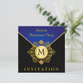Elegant Black Gold Blue Monogram Uitnodiging 2 (Staand voorkant)