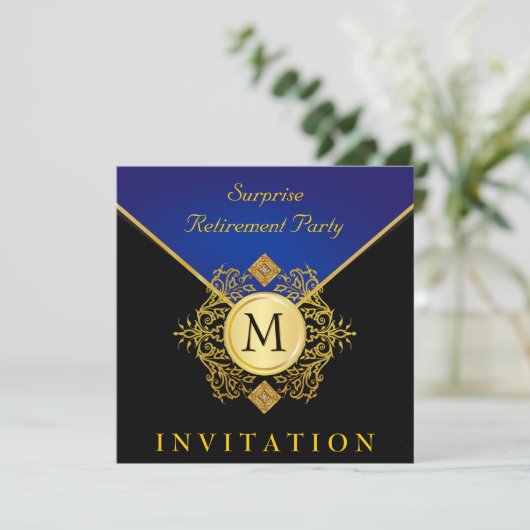 Elegant Black Gold Blue Monogram Uitnodiging 2 (Staand voorkant)