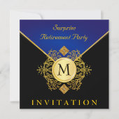 Elegant Black Gold Blue Monogram Uitnodiging 2 (Voorkant)