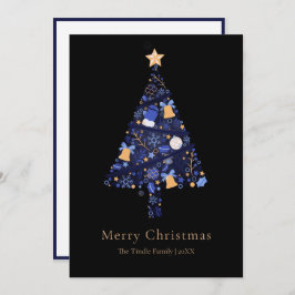 Elegant Black Gold Blue Script Christmas Tree Feestdagenkaart