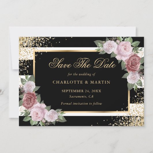 Elegant Black Gold Blush Pink Floral Wedding Save The Date (Voorkant)