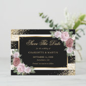 Elegant Black Gold Blush Pink Floral Wedding Save The Date (Staand voorkant)