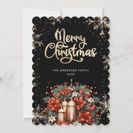 Elegant Black Gold Botanical Christmas Card Feestdagenkaart (Voorkant)