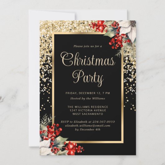 Elegant Black Gold Botanical Christmas Party Kaart (Voorkant)