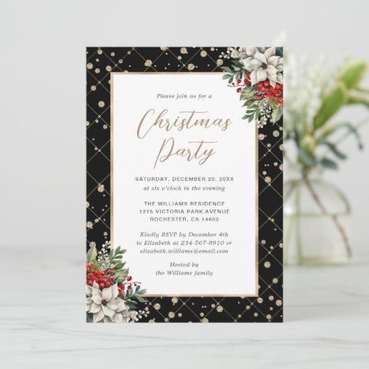 Elegant Black Gold Botanical Christmas Party Kaart (Staand voorkant)