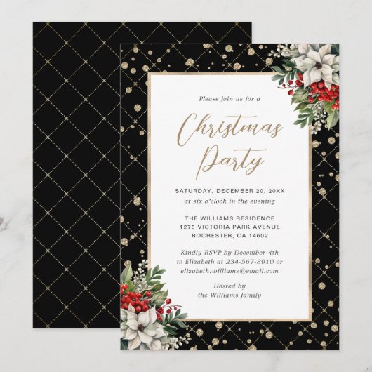 Elegant Black Gold Botanical Christmas Party Kaart (Voorkant / Achterkant)