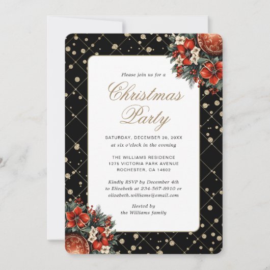 Elegant Black Gold Botanical Christmas Party Kaart (Voorkant)