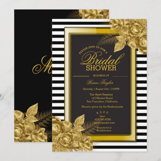 Elegant Black/Gold Bridal Shower-uitnodigingen Kaart (Voorkant / Achterkant)