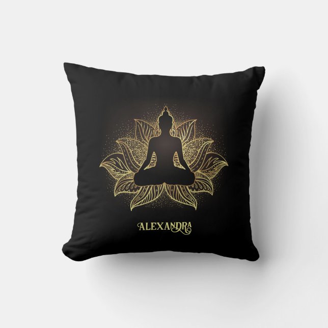 Elegant Black Gold Buddha Lotus Flower Meditation Kussen (Voorkant)