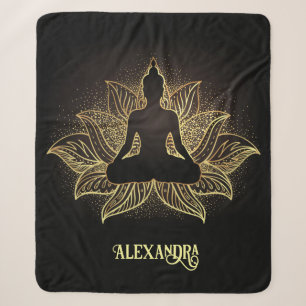 Elegant Black Gold Buddha Lotus Flower Meditation Sherpa Deken