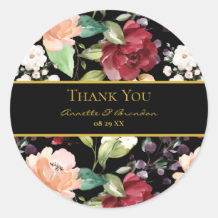 Elegant Black Gold Burgundy Blush Floral bedankt Ronde Sticker