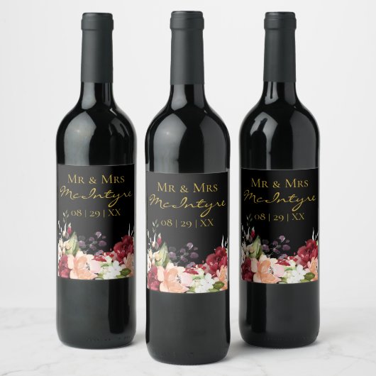 Elegant Black Gold Burgundy Blush Floral Mr. & Mrs Wijn Etiket (Flessen)