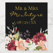 Elegant Black Gold Burgundy Blush Floral Mr. & Mrs Wijn Etiket (Enkel label)