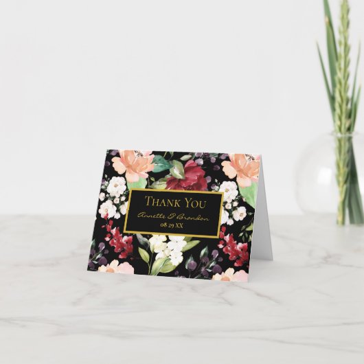 Elegant Black Gold Burgundy Blush Floral Pattern Bedankkaart (Voorkant)