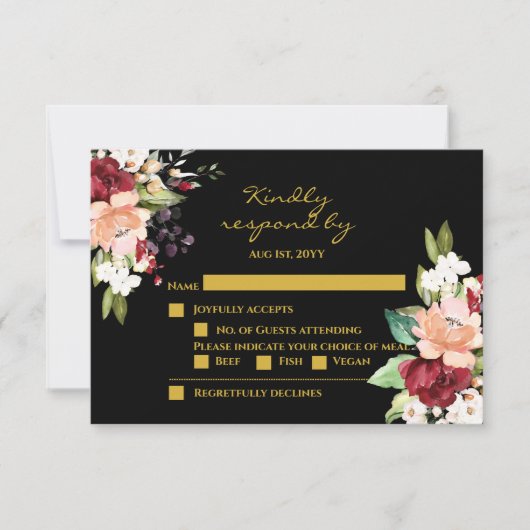 Elegant Black Gold Burgundy Blush Floral RSVP (Voorkant)