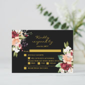 Elegant Black Gold Burgundy Blush Floral RSVP (Staand voorkant)