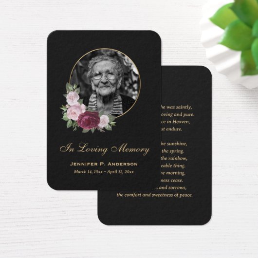 Elegant Black Gold Burgundy Floral Memorial Kaarte Visitekaartje (Bureau)